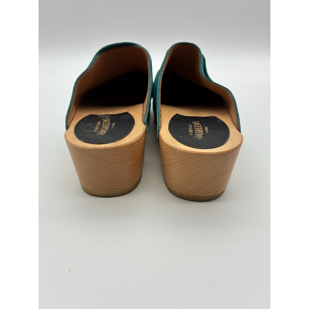 Swedish Hasbeens Teal Suede Clogs, Size 37 (US 6.5-7), Wood Sole Slip-On Mules - Picture 7 of 11
